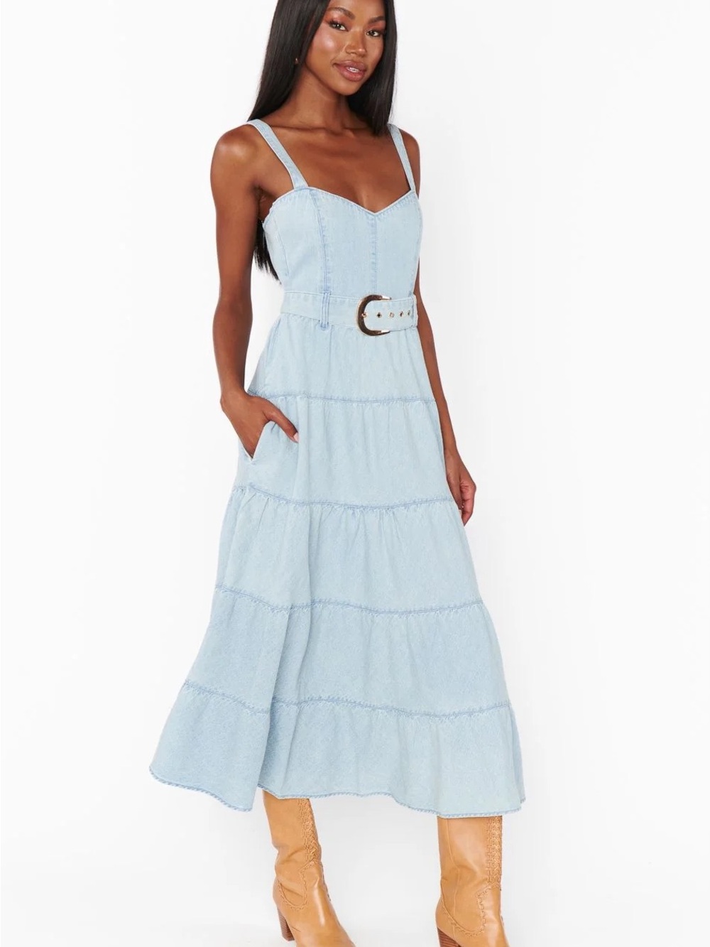 Show Me Your MuMu Light Blue Denim Tiered Maxi Dress with Belt